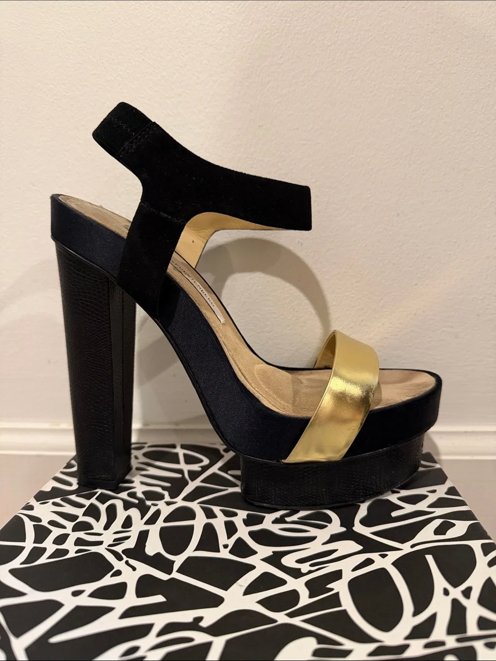 Diane Von Furstenberg Black and Gold Platform Block Heel Sandals